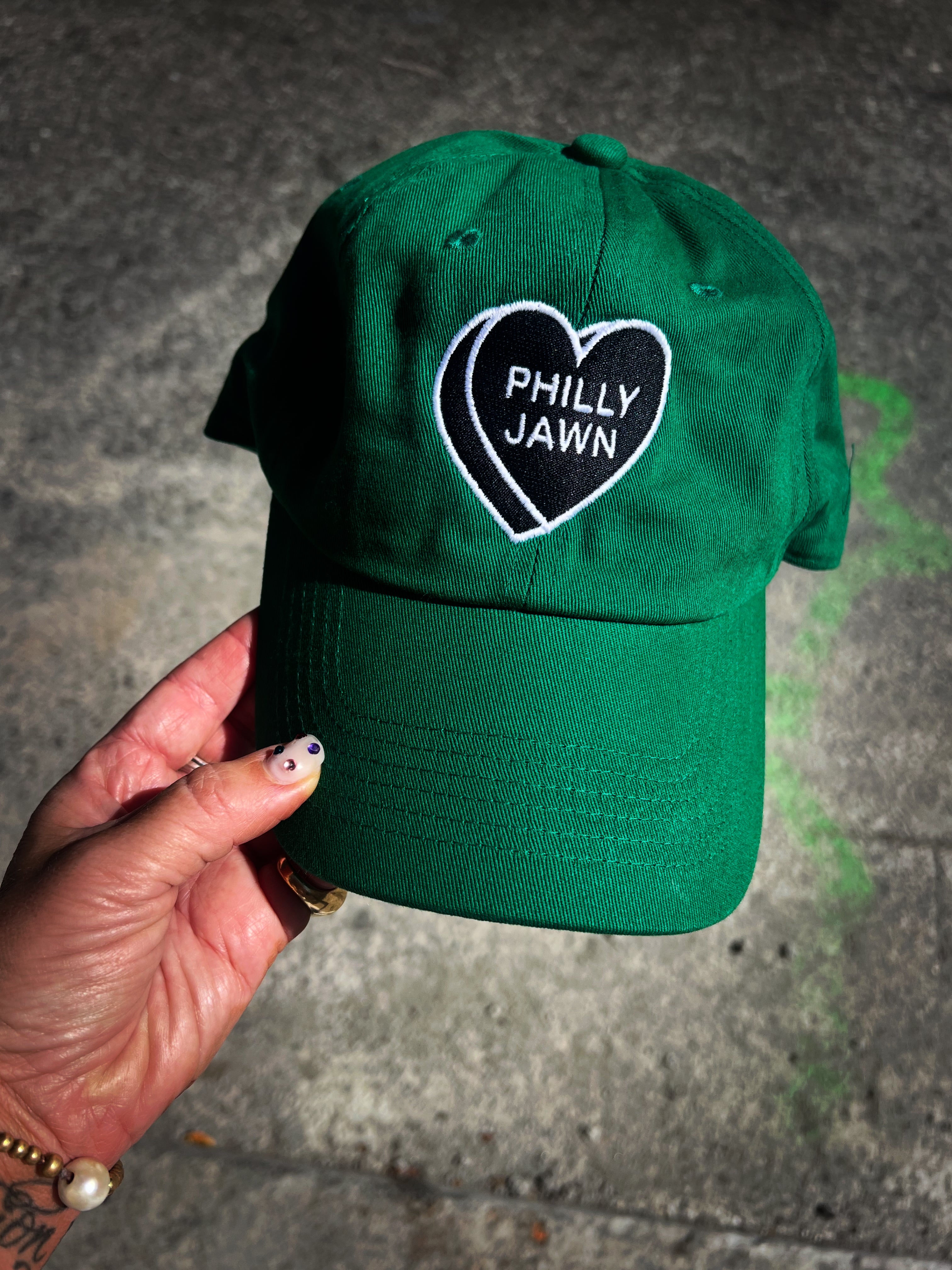 PHILLY JAWN 🖤 EAGLES Green Clean Cut Dad Hat w/ Embroidered Heart
